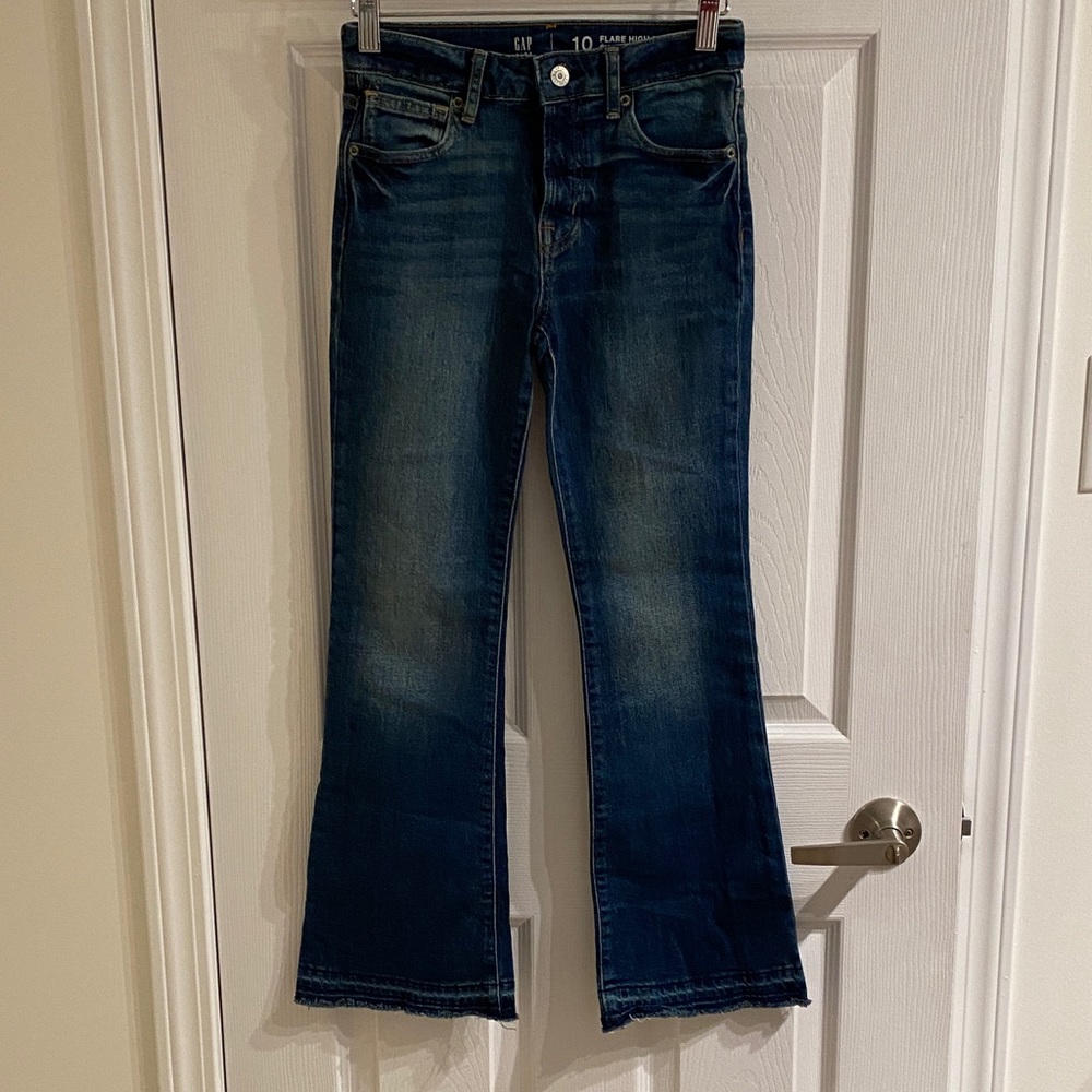 GAP Kids Girls High Rise Flare Jeans Size 10 Dark Wash Adjustable Waist Frayed